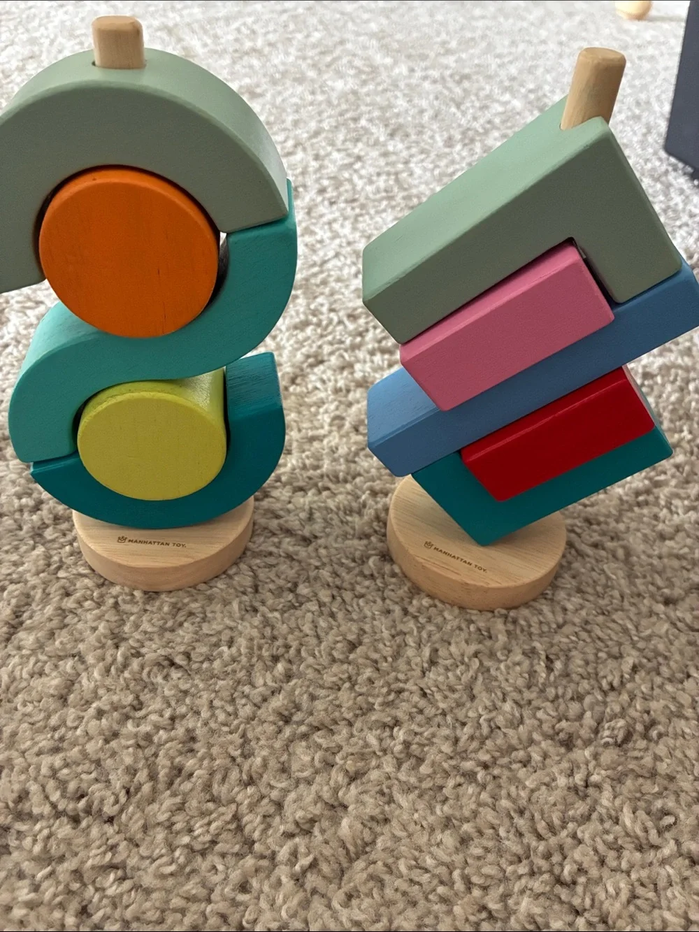 Wooden Stacking Shape Towers – Green, Teal, Pink, Blue, Orange, Yellow, Red